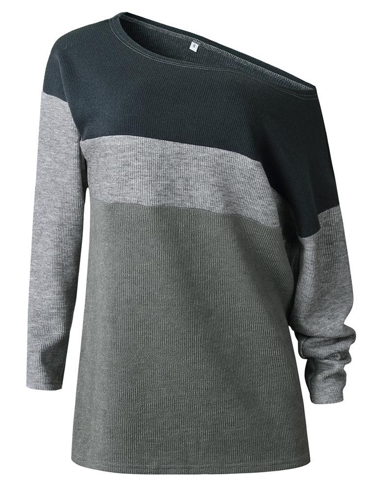 Contrast Color Skew Neck Long Sleeve Sweater - DadHats2ow6ix