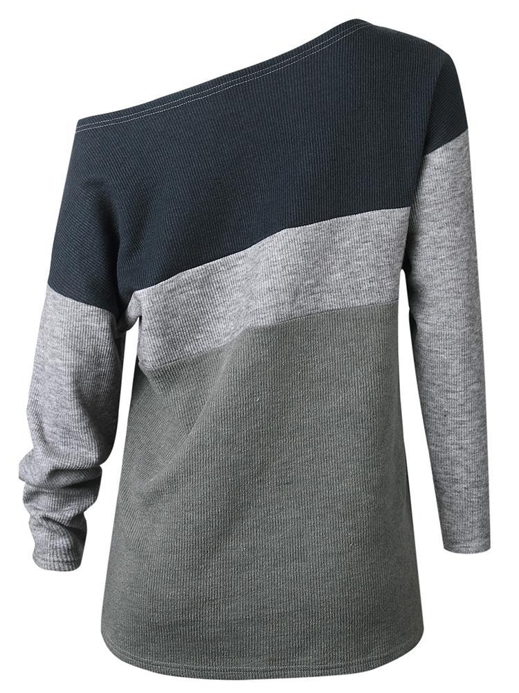 Contrast Color Skew Neck Long Sleeve Sweater - DadHats2ow6ix