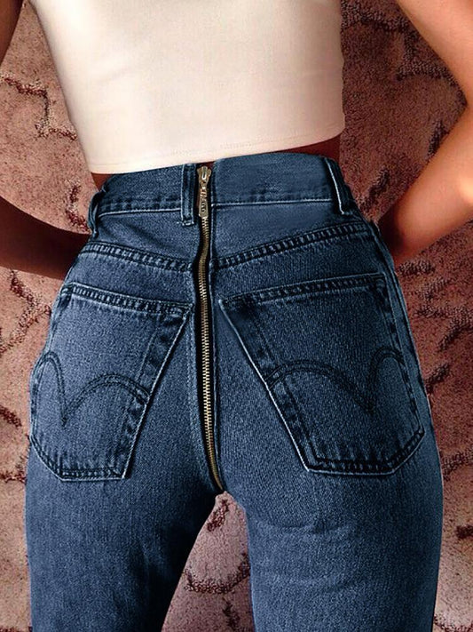 High Waist Zipper Back Denim Jeans - DadHats2ow6ix