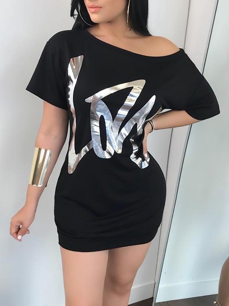 Leisure Skew Shoulder Letter Print Mini Dress - DadHats2ow6ix