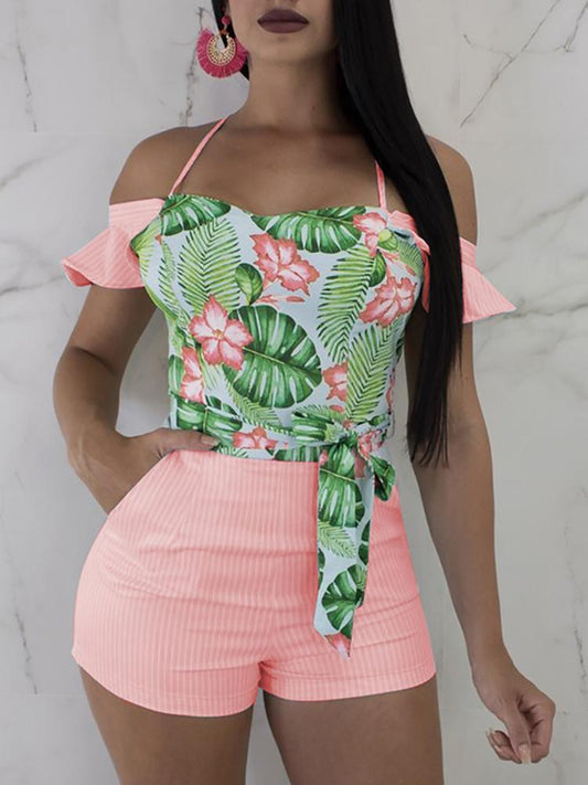 Tropical Print Halter Belted Bardot Romper - DadHats2ow6ix