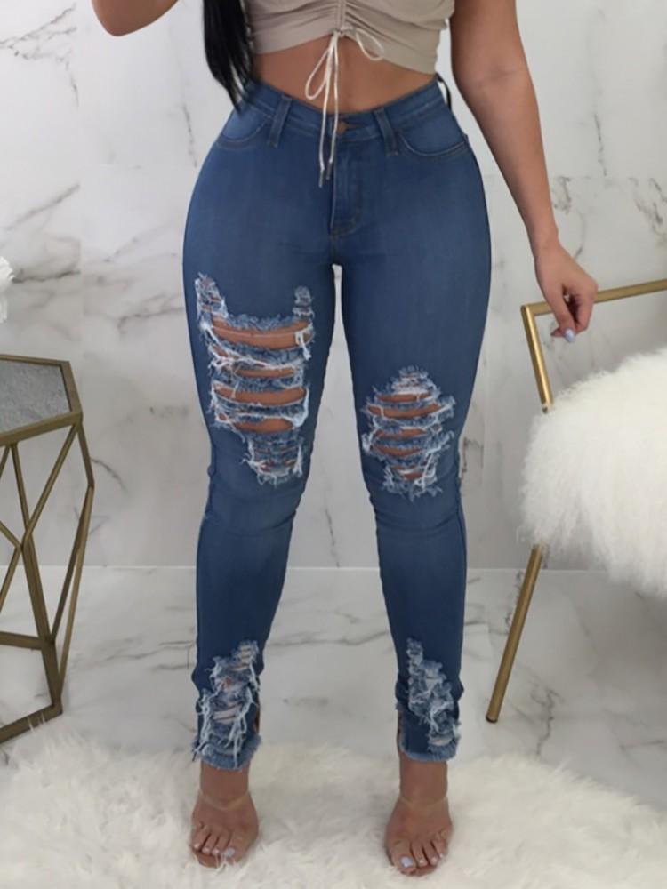 Fringe Hem Ripped Skinny Pencil Jeans - DadHats2ow6ix