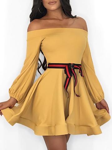 Off Shoulder Lantern Sleeve Mini Dress With Belt - DadHats2ow6ix