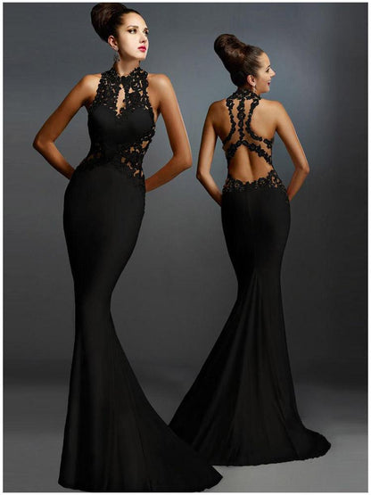 Asymmetric Lace Crochet Open Back Maxi Evening Dress - DadHats2ow6ix
