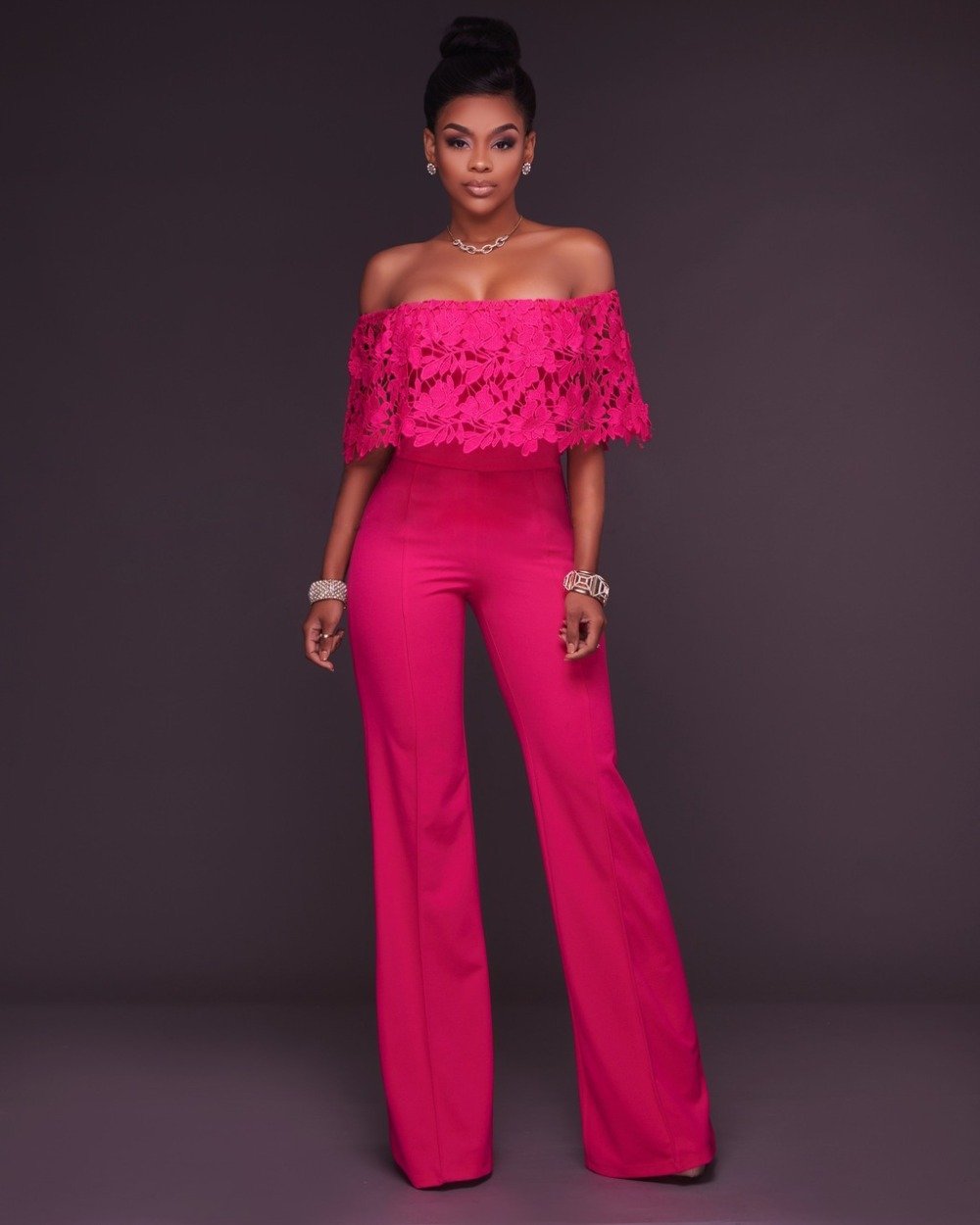 Sexy Lace Ruffled Off Shoulder Slinky Wide Leg Jumpsuit - DadHats2ow6ix