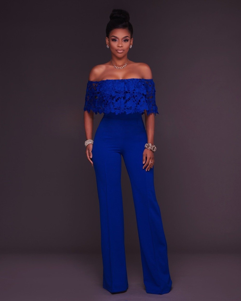 Sexy Lace Ruffled Off Shoulder Slinky Wide Leg Jumpsuit - DadHats2ow6ix