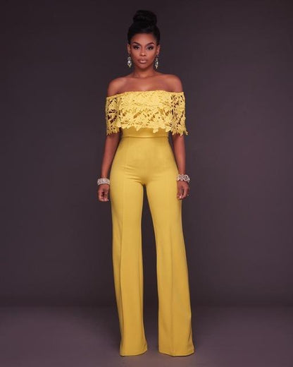 Sexy Lace Ruffled Off Shoulder Slinky Wide Leg Jumpsuit - DadHats2ow6ix