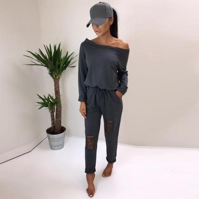 Trendy Skew Neck Drawstring Ripped Casual Jumpsuit - DadHats2ow6ix