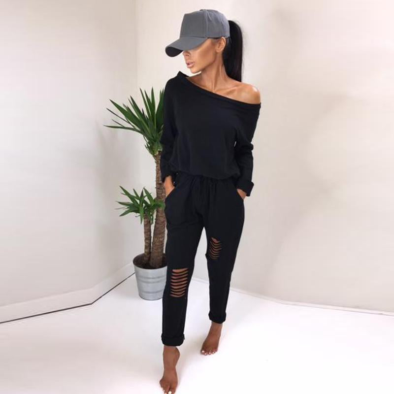 Trendy Skew Neck Drawstring Ripped Casual Jumpsuit - DadHats2ow6ix