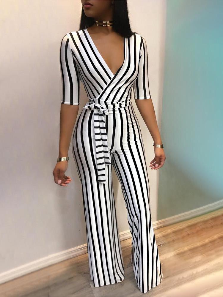 Deep V Striped Waist Belted Wide Leg Jumpsuit - DadHats2ow6ix