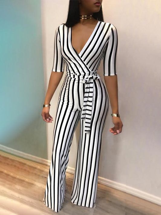 Deep V Striped Waist Belted Wide Leg Jumpsuit - DadHats2ow6ix