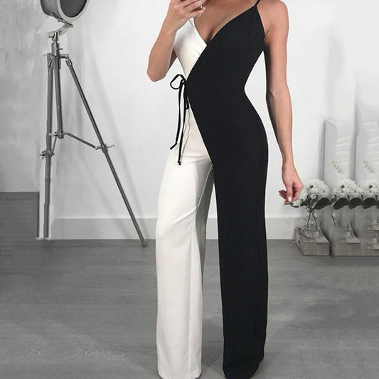 Contrast Color Spaghetti Strap Wrapped Wide Leg Jumpsuit - DadHats2ow6ix