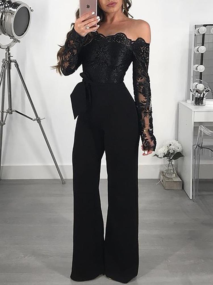 Off Shoulder Guipure Lace Tie Waist Jumpsuit - DadHats2ow6ix