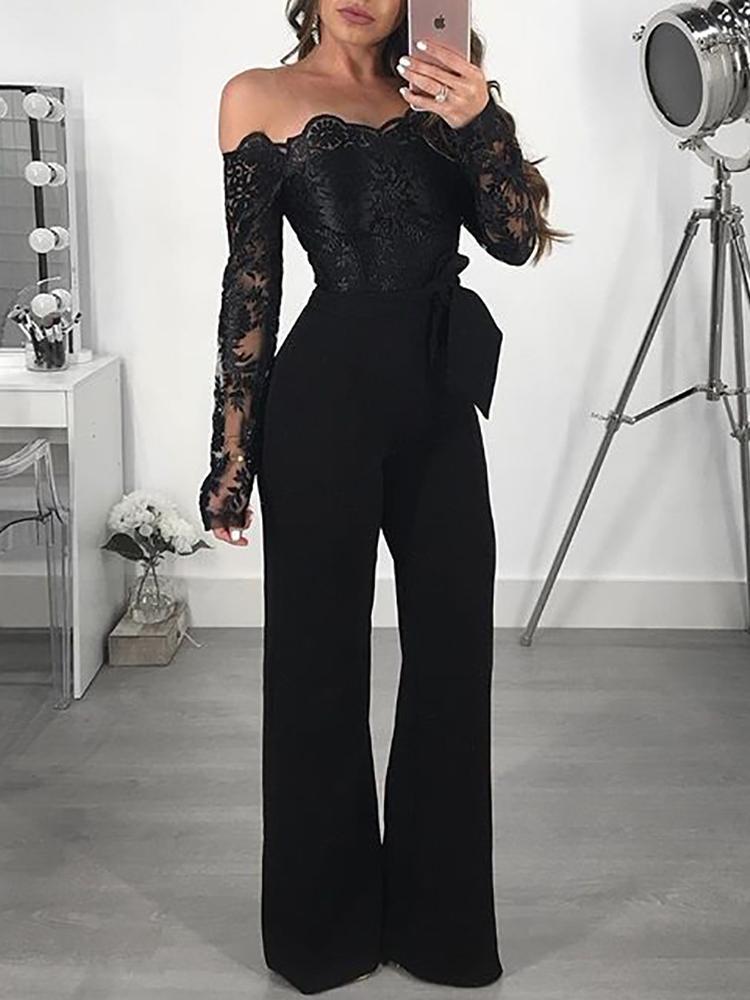 Off Shoulder Guipure Lace Tie Waist Jumpsuit - DadHats2ow6ix