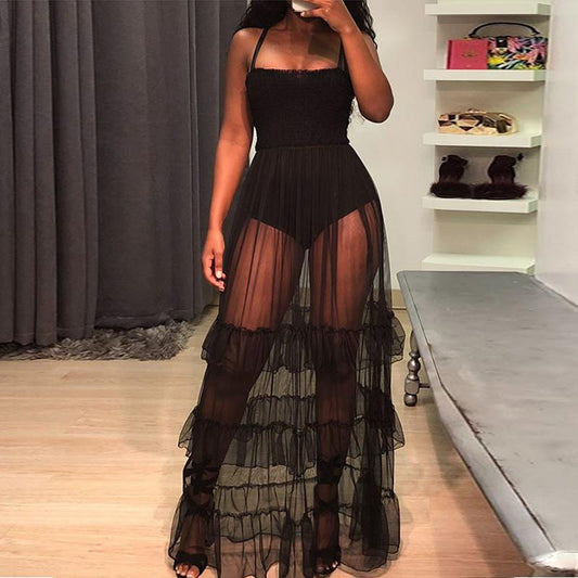 See Through Mesh Dip Hem Bodysuit Dress - DadHats2ow6ix