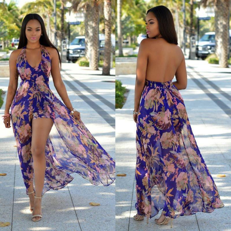 Sexy Halter Split Floral Maxi Romper Dress - DadHats2ow6ix