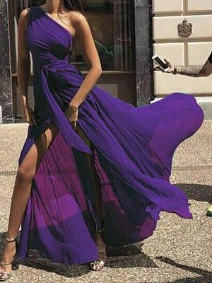 One Shoulder Tie Waist High Slit Maxi Dress - DadHats2ow6ix