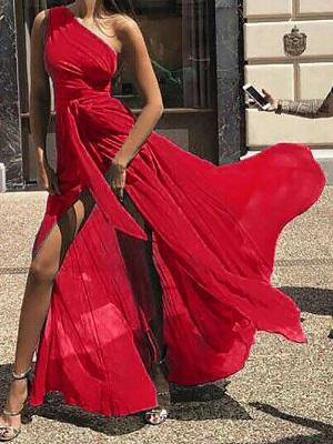 One Shoulder Tie Waist High Slit Maxi Dress - DadHats2ow6ix