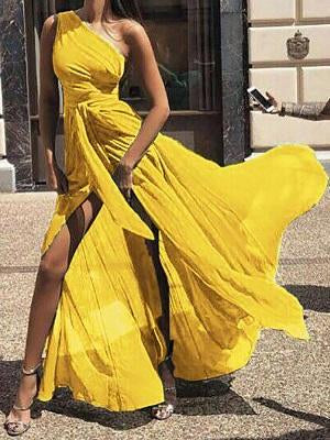 One Shoulder Tie Waist High Slit Maxi Dress - DadHats2ow6ix