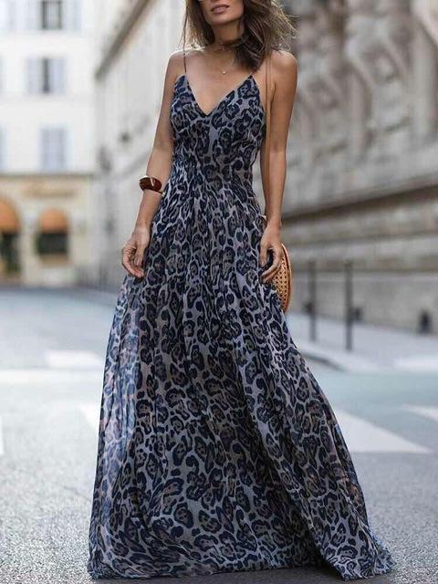 Leopard V Neck Spaghetti Strap Maxi Dress - DadHats2ow6ix