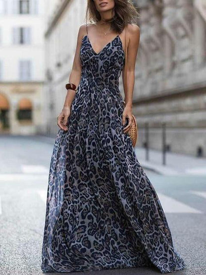 Leopard V Neck Spaghetti Strap Maxi Dress - DadHats2ow6ix