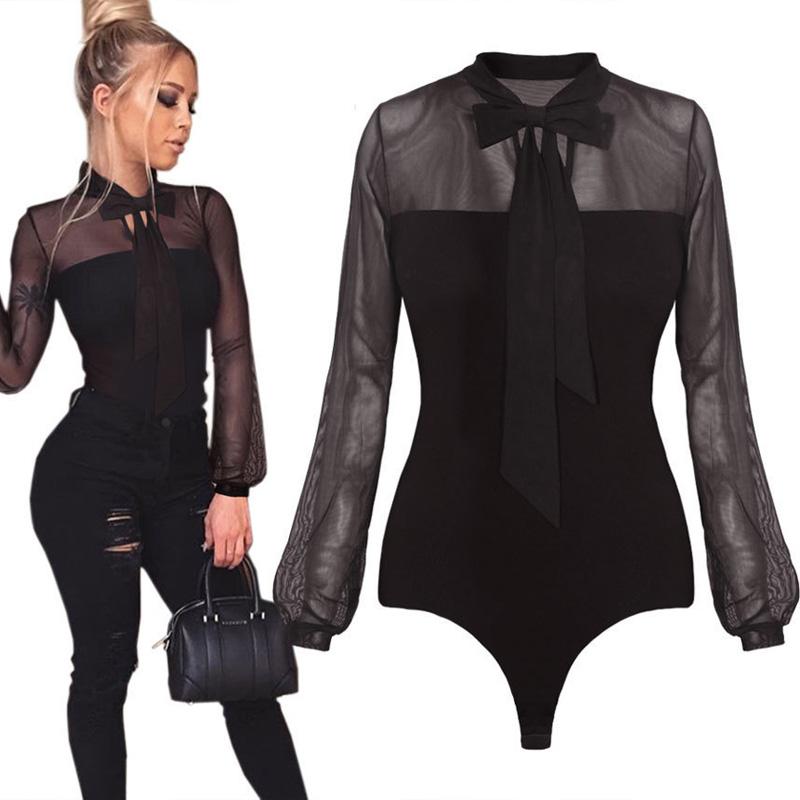 See Through Mesh Bowtie Neck Bodysuit - DadHats2ow6ix