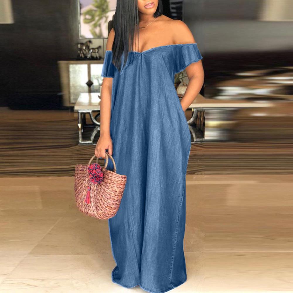 Oversized Off Shoulder Loose Denim Maxi Dress - DadHats2ow6ix