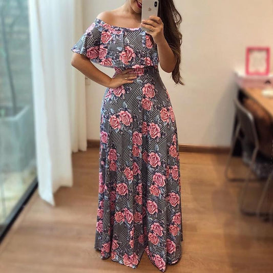 Off Shoulder Flounce Floral Maxi Dress - DadHats2ow6ix