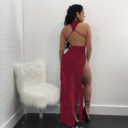 Sexy Backless Side Split Halter Maxi Romper Dress - DadHats2ow6ix