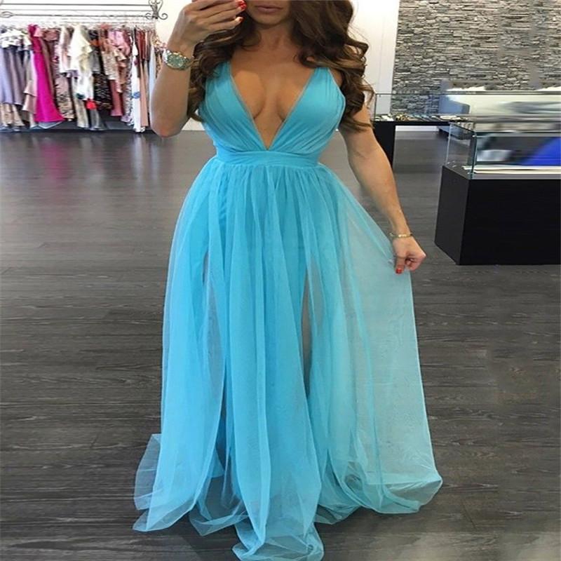 Sexy Plunging V Neck Criss Cross Backless Split Mesh Maxi Dress - DadHats2ow6ix