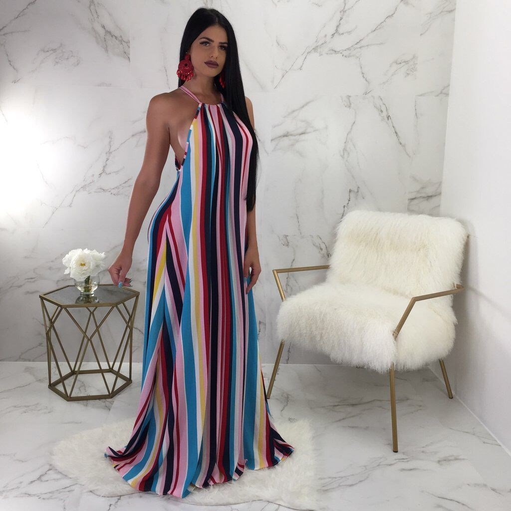 Multicolored Striped Halter Casual Maxi Dress - DadHats2ow6ix