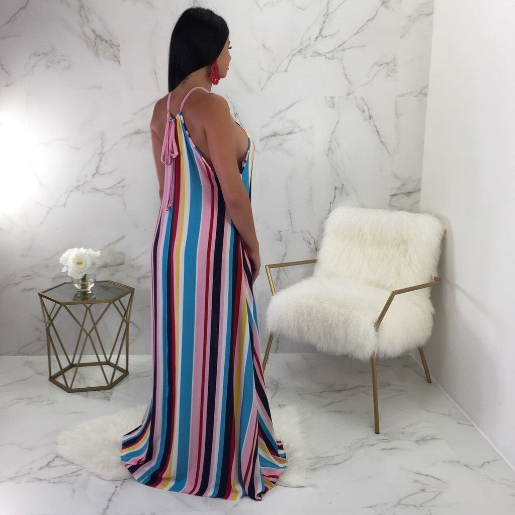 Multicolored Striped Halter Casual Maxi Dress - DadHats2ow6ix