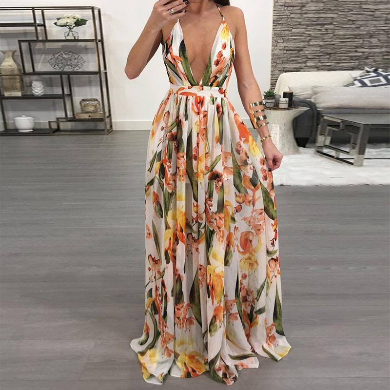 Floral Deep V Neck Backless Maxi Dress - DadHats2ow6ix