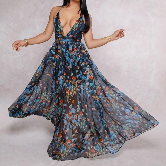 Floral Deep V Neck Backless Maxi Dress - DadHats2ow6ix