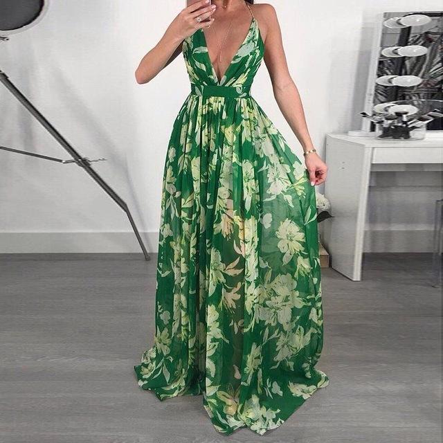 Floral Deep V Neck Backless Maxi Dress - DadHats2ow6ix