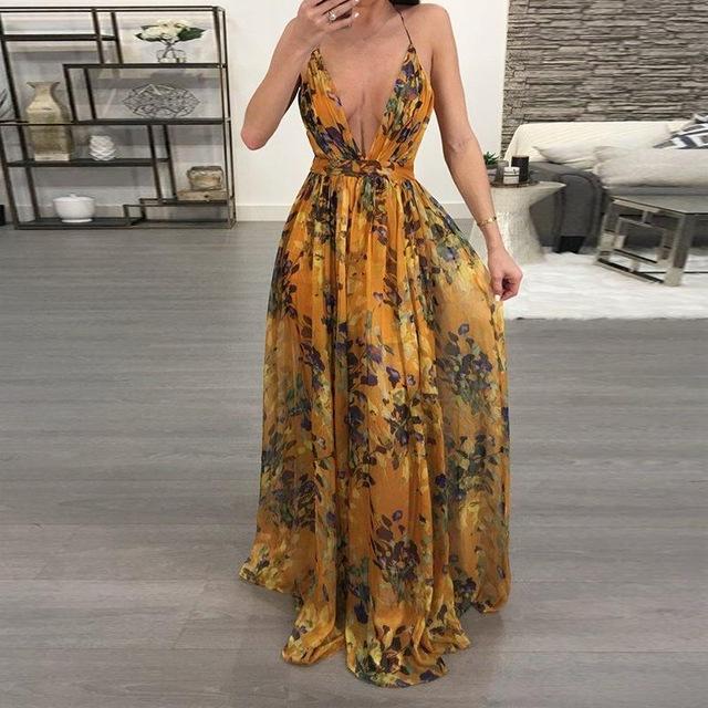 Floral Deep V Neck Backless Maxi Dress - DadHats2ow6ix