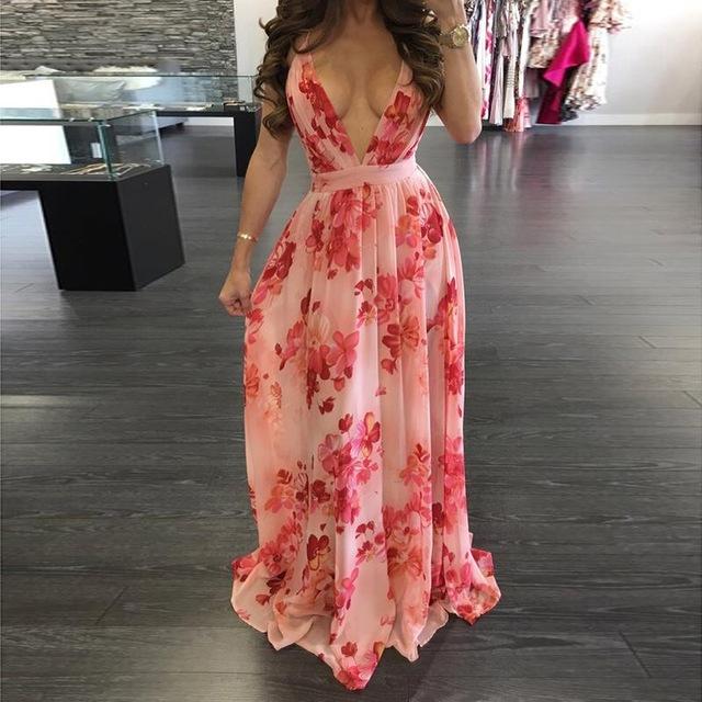 Floral Deep V Neck Backless Maxi Dress - DadHats2ow6ix