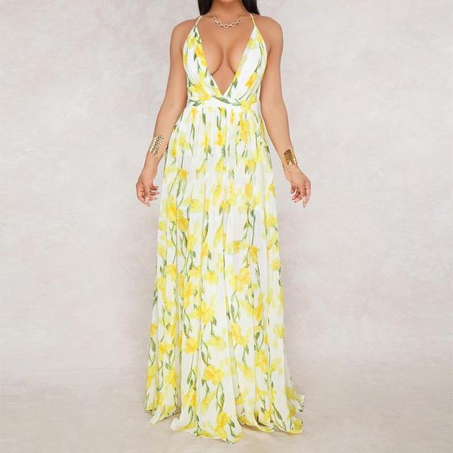 Floral Deep V Neck Backless Maxi Dress - DadHats2ow6ix