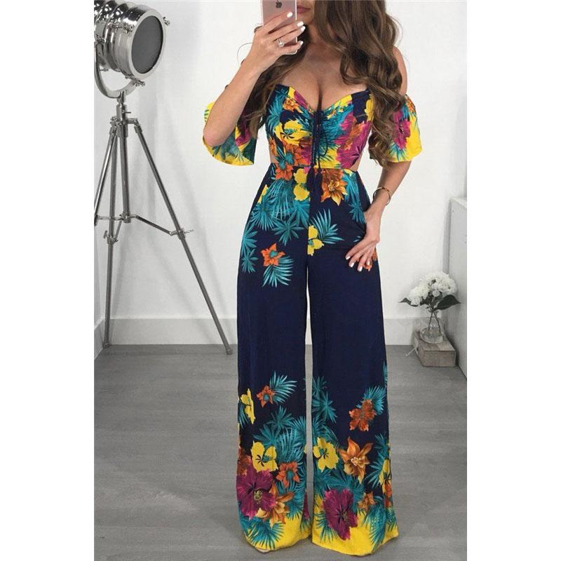 Floral Print Bell Sleeve Tie Back Wide Leg Jumpsuits - DadHats2ow6ix