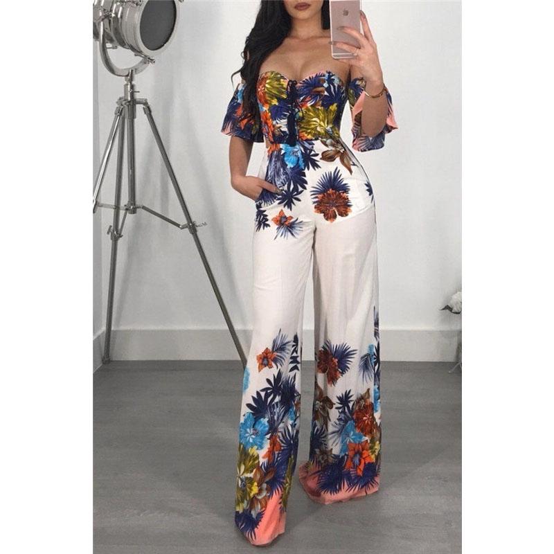 Floral Print Bell Sleeve Tie Back Wide Leg Jumpsuits - DadHats2ow6ix