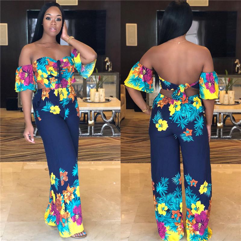 Floral Print Bell Sleeve Tie Back Wide Leg Jumpsuits - DadHats2ow6ix