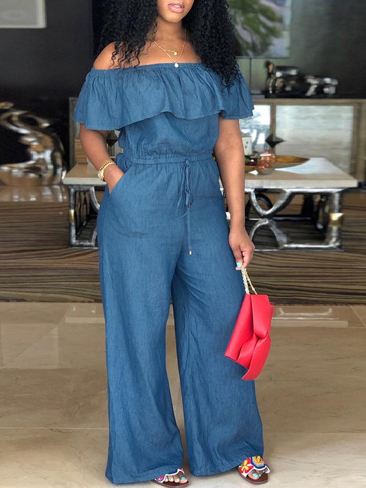 Off Shoulder Drawstring Wide Leg Denim Jumpsuit - DadHats2ow6ix