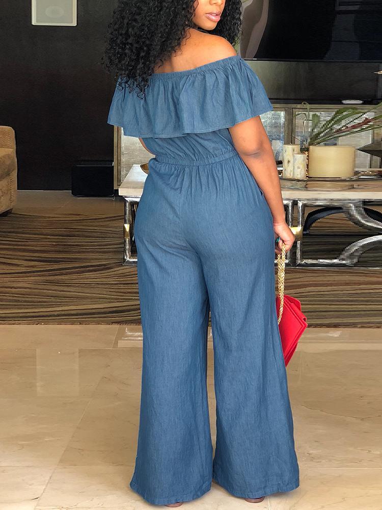 Off Shoulder Drawstring Wide Leg Denim Jumpsuit - DadHats2ow6ix