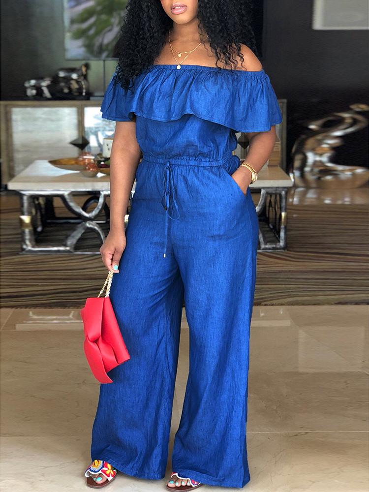 Off Shoulder Drawstring Wide Leg Denim Jumpsuit - DadHats2ow6ix