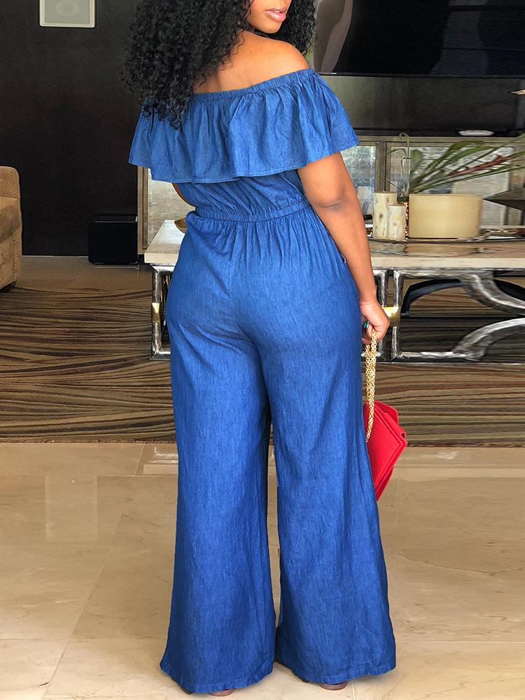 Off Shoulder Drawstring Wide Leg Denim Jumpsuit - DadHats2ow6ix