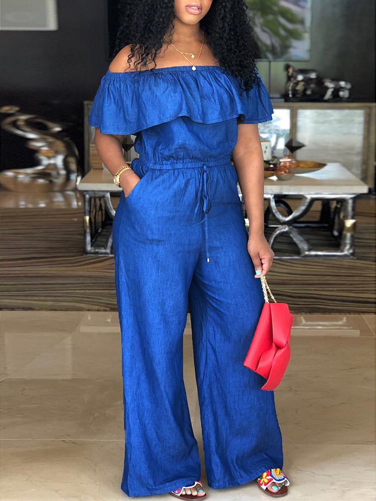 Off Shoulder Drawstring Wide Leg Denim Jumpsuit - DadHats2ow6ix