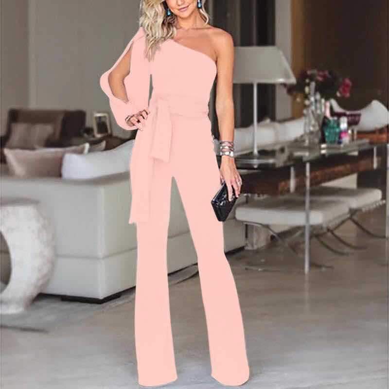 Stylish One Shoulder Slit Sleeve Black Jumpsuit - DadHats2ow6ix