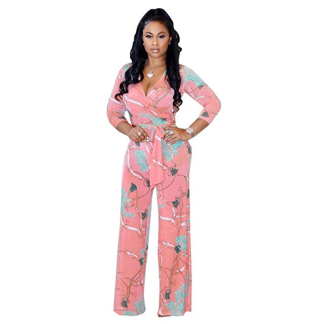 Retro Chain Print Tie Waist Wrap Jumpsuit - DadHats2ow6ix