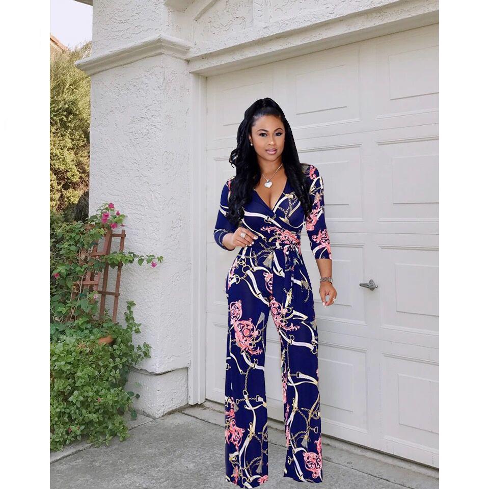 Retro Chain Print Tie Waist Wrap Jumpsuit - DadHats2ow6ix