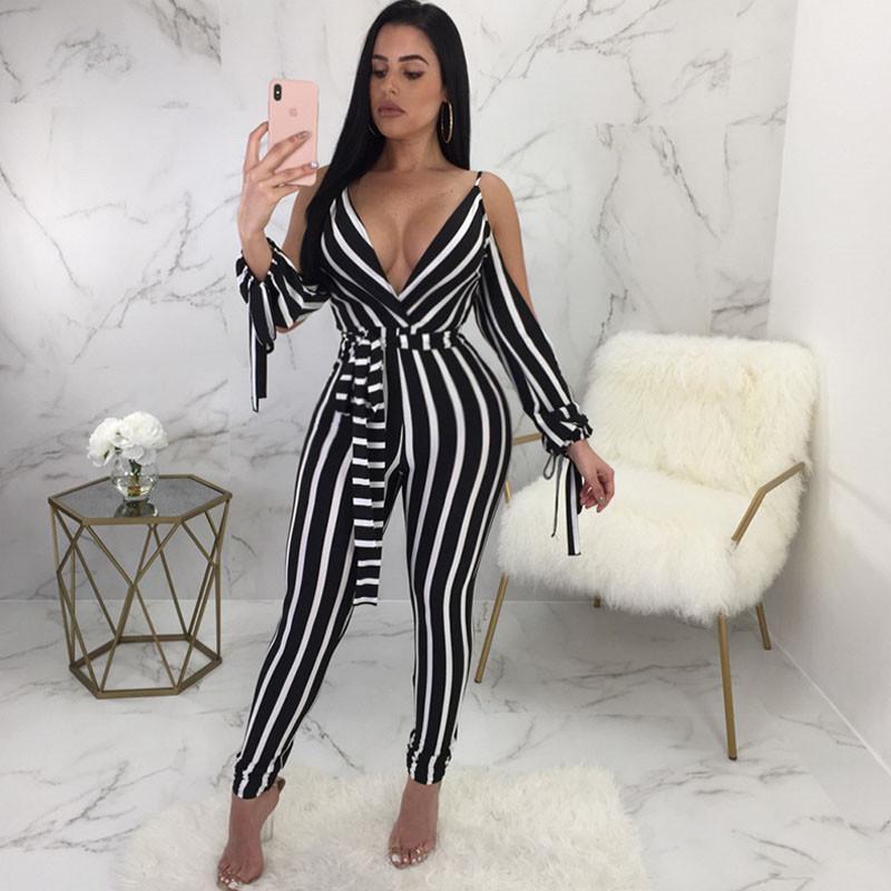 Low Cut Striped Open Shoulder Tied Skinny Jumpsuit - DadHats2ow6ix